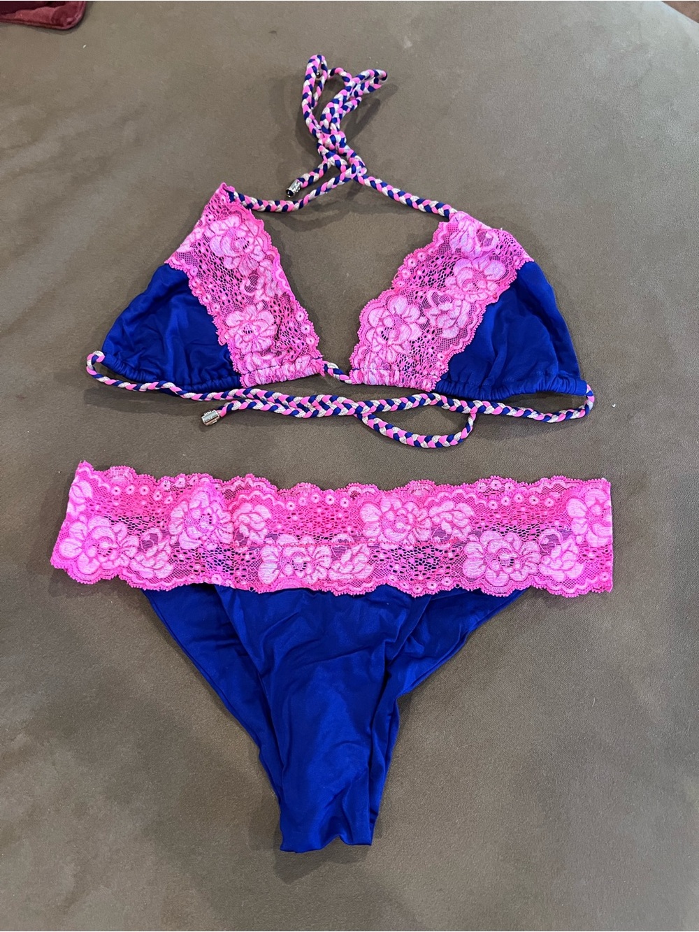 Beach bunny lady lace Blue & Pink Lace Trim Bikini Set